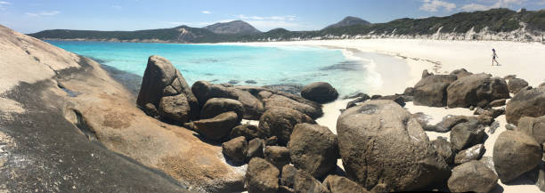 Aerial landscape view of Thistle cove in Cape le grand Western Australia Panoramic Aerial landscape view of Thistle cove in Cape le grand Western Australia cape le grand national park stock pictures, royalty-free photos & images