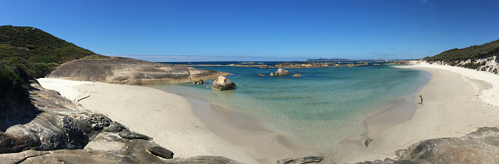 Panoramic aerial landscape view of Greens Pool beach with boulders on the south coast of Western Australia between Denmark and Walpole.