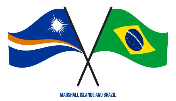 Vector illustration of Marshall Islands and Brazil Flags Crossed & Waving Flat Style. Official Proportion. Correct Colors