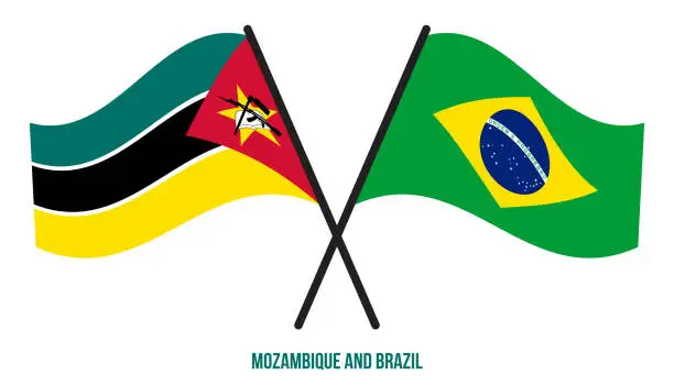 Vector illustration of Mozambique and Brazil Flags Crossed And Waving Flat Style. Official Proportion. Correct Colors