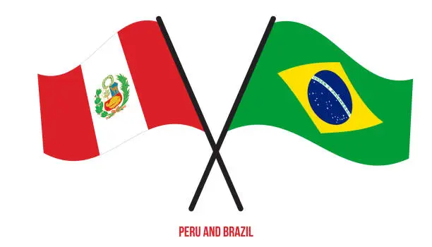 Vector illustration of Peru and Brazil Flags Crossed And Waving Flat Style. Official Proportion. Correct Colors