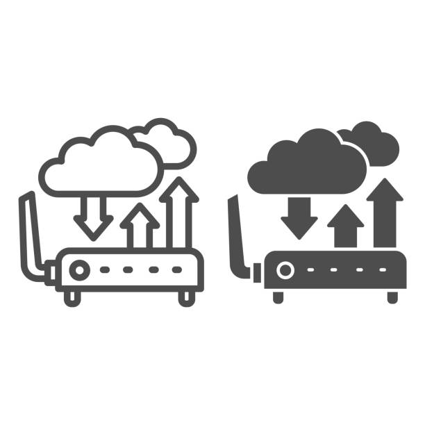 illustrations, cliparts, dessins animés et icônes de routeur avec ligne de nuages wifi et icône solide, symbole de maison intelligent, signe vecteur de technologie moderne sur fond blanc, dispositif d’échange de données et nuage avec l’icône des flèches dans le modèle de contour. graphiques vectori - internet file design sharing