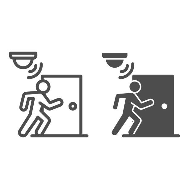 Motion sensor with walking man near door line and solid icon, smart home symbol, guard motion detection vector sign on white background, thief burglar alarm device icon outline style. Vector graphics. Motion sensor with walking man near door line and solid icon, smart home symbol, guard motion detection vector sign on white background, thief burglar alarm device icon outline style. Vector graphics motion graphics stock illustrations