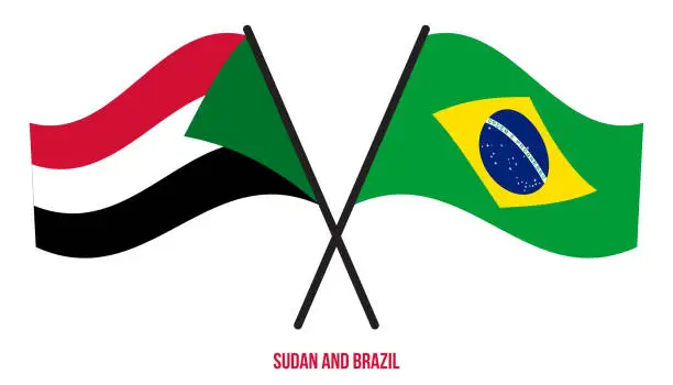 Vector illustration of Sudan and Brazil Flags Crossed And Waving Flat Style. Official Proportion. Correct Colors