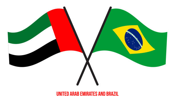 ilustraciones, imágenes clip art, dibujos animados e iconos de stock de emiratos arabes unidos y banderas de brasil cruzado y ondulante estilo plano. proporción oficial - united arab emirates flag united arab emirates flag interface icons