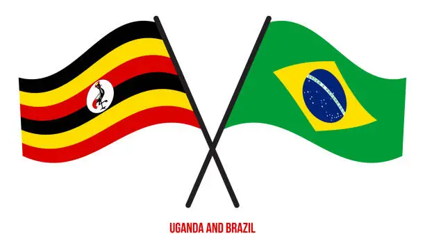 Vector illustration of Uganda and Brazil Flags Crossed And Waving Flat Style. Official Proportion. Correct Colors