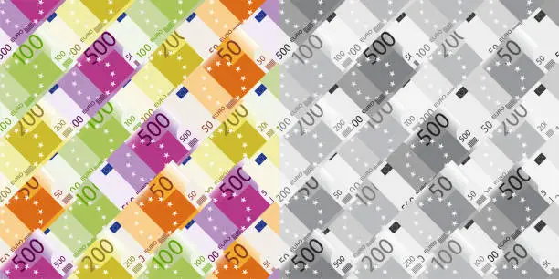 Vector illustration of set of seamless patterns with a banknotes of 500, 200, 100 and 50 euros