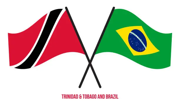 Vector illustration of Trinidad & Tobago and Brazil Flags Crossed And Waving Flat Style. Official Proportion