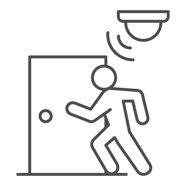 Motion sensor with walking man near door thin line icon, smart home symbol, guard motion detection vector sign on white background, thief burglar alarm device icon outline style. Vector graphics. Motion sensor with walking man near door thin line icon, smart home symbol, guard motion detection vector sign on white background, thief burglar alarm device icon outline style. Vector graphics motion graphics stock illustrations