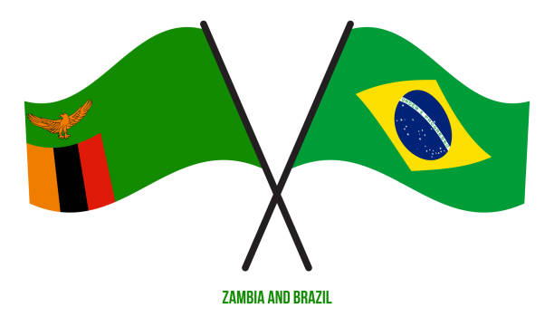 istock Zambia and Brazil Flags Crossed And Waving Flat Style. Official Proportion. Correct Colors 1225487584