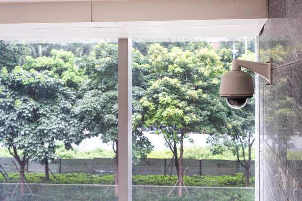CCTV system in the office building, trees background