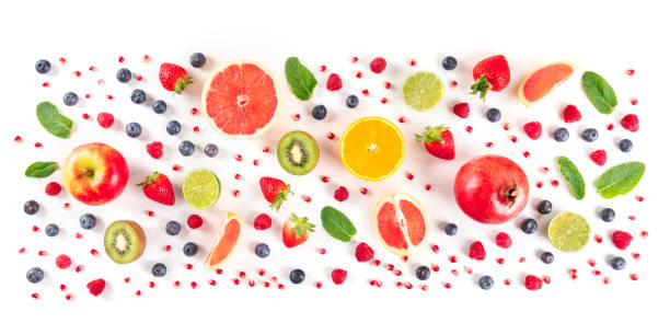 istock Fresh summer fruit panorama, a flat lay on a white background, vibrant food pattern, overhead shot 1225488550