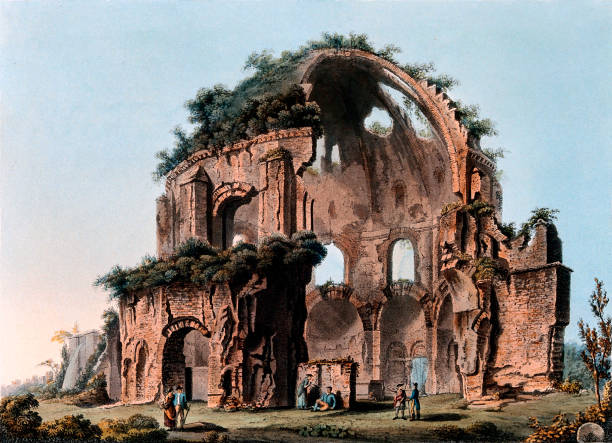 Temple of Minerva Medica Vintage illustration features the Temple of Minerva Medica, a grotto or shrine devoted to nymphs (nymphaeum) and often connected to the water supply, that dates to the 4th century. aquatint stock illustrations