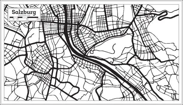 Vector illustration of Salzburg Austria City Map in Black and White Color in Retro Style. Outline Map.