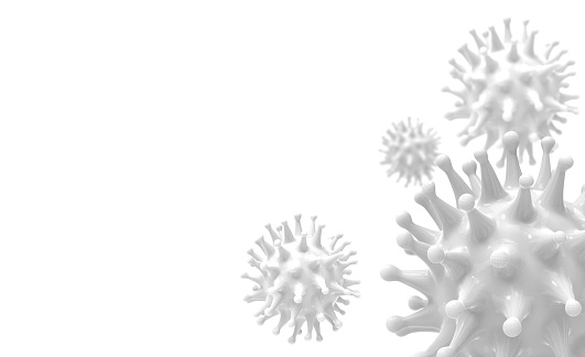 White virus bacteria cells 3D render background image trendy medical background. Flu, influenza, coronavirus illustration. Covid-19 banner.