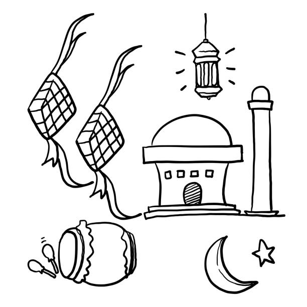 hand drawn doodle eid illustration celebration, islamic symbol collection vector.cartoon hand drawn doodle eid illustration celebration, islamic symbol collection vector.cartoon bedug stock illustrations