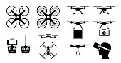 Drone icon set with gadget and accessories.