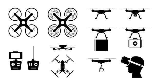 Drone icon set with gadget and accessories. Vector icons of drones in top and side view. Drone remote controller with phone screen, camera, claw, and FPV goggles. Drone send parcel and medical supply. fpv drone stock illustrations