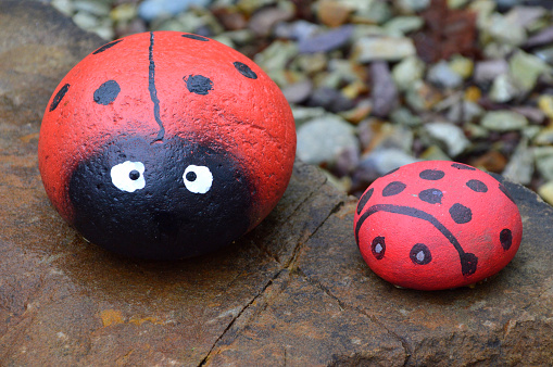Sea ​​stones painted like a ladybug. Decorations for a garden.