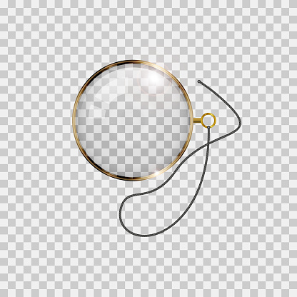 Golden monocle with lace isolated on checkered transparent background. Realistic vector illustration.