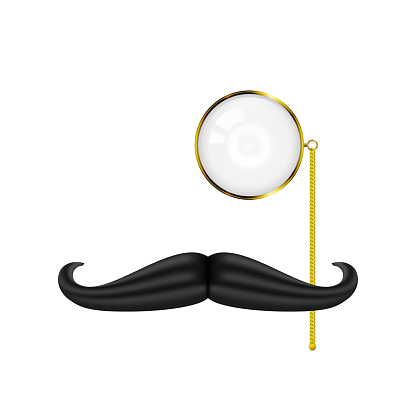 Golden Monocle and Mustache, gentleman's set, vector illustration isolated on white.