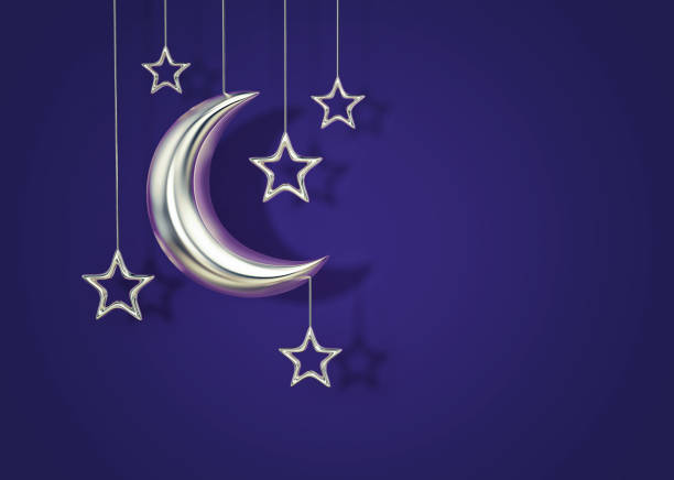 Silver crescent moon and stars on blue background. 3D rendering