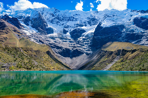 Lake Humantay in Peru with a glacier behind it.