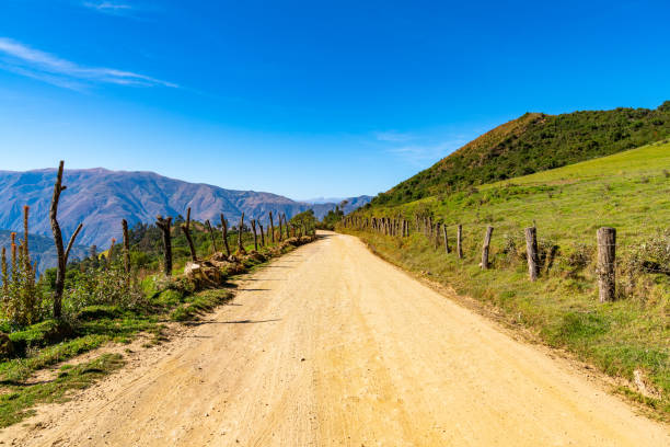 A dirt road in the Andes mountains with wood fence posts lining either side.