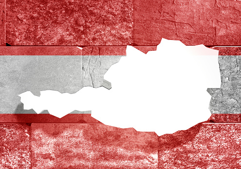 Austria map on concrete wall. 3D rendering. National flag