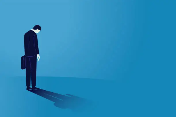 Vector illustration of Sad businessman looking down, rear view. Man feeling lonely and having mental pressure or stress. Bankruptcy on global economic recession