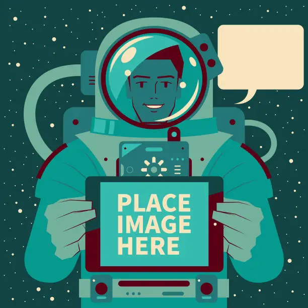 Vector illustration of Smiling handsome astronaut (spaceman) holding and showing a digital tablet, Mars immigrants, Space Travel and Exploration