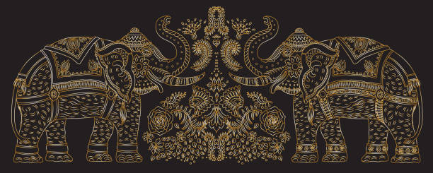illustrazioni stock, clip art, cartoni animati e icone di tendenza di vector set decorativo fantasy ornato indiano linea di elefante silhouette con foglie tropicali e fiori. linea sottile contorno dorato, ornamenti etnici su sfondo nero. stampa t-shirt. vernice batik, copertina brochure - thailandia