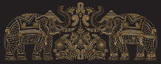 Vector set decorative fantasy ornate Indian elephant line art silhouette with tropical leaves and flowers. Golden contour thin line, ethnic ornaments on a black background. T-shirt print. Batik paint, brochure cover