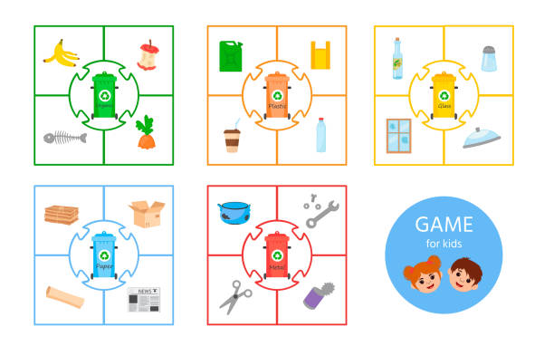 illustrazioni stock, clip art, cartoni animati e icone di tendenza di gioco per bambini con immagini. smistare i rifiuti: vetro, metallo, carta, organico, plastica. attività per bambini e bambini prima degli anni. - sorte