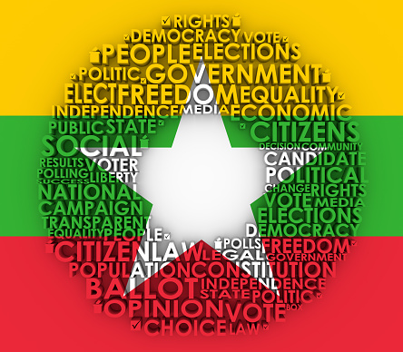 Words cloud relative for voting. Circle frame. 3D rendering. Flag of the Myanmar