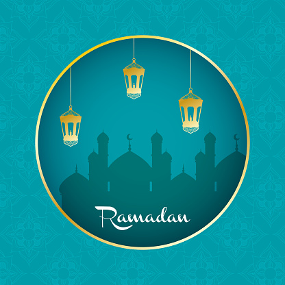 ramadan kareem celebration lamps hanging and taj mahal vector illustration design