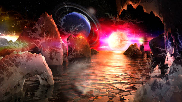 istock Alien planet landscape with bizarre mountains and many moons and planets in the sky. Elements of this image furnished by NASA. 1225510479