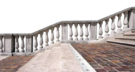 Marble and porphyry stairway with white balustrade isolated on white background