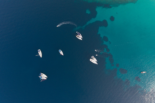 Sailing on adriatic sea Makarska Korcula Croatia Aerial Drone Photo. Yacht in marina, sailing in Croatia.