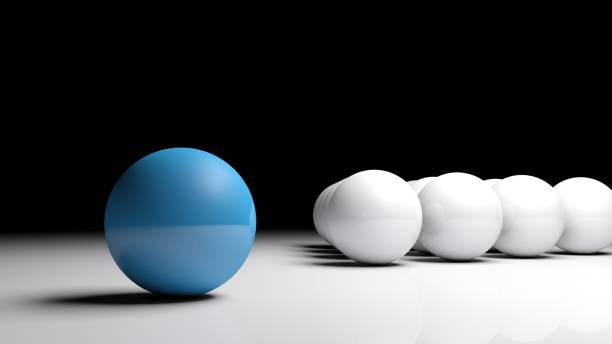 Abstract concept image - One blue ball in front of many white balls on a white surface - 3D rendering illustration stock photo