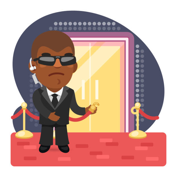 Cartoon Bouncer at the Entrance to a Nightclub Cartoon illustration of bouncer invites to enter the nightclub on the red carpet. Composition with a professional. Flat male character. doorman stock illustrations