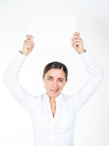 Businesswoman hold blank advertising banner