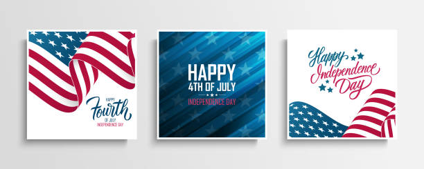 usa independence day kartki z życzeniami zestaw z machając amerykańską flagą narodową. czwarty lipca. kolekcja świąt narodowych stanów zjednoczonych. - greeting card greeting fourth of july national holiday stock illustrations