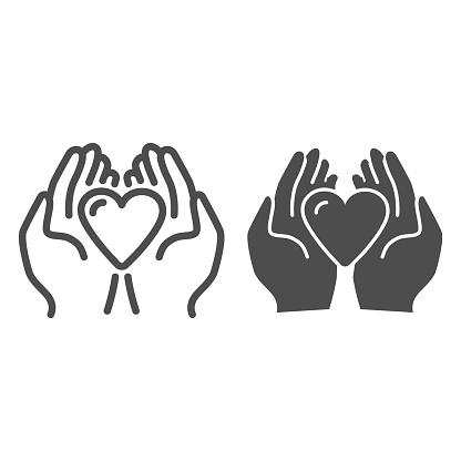 Heart in palms line and solid icon, love or health care concept, Human hands holding heart vector sign on white background, giving heart symbol in outline style mobile and web design. Vector graphics