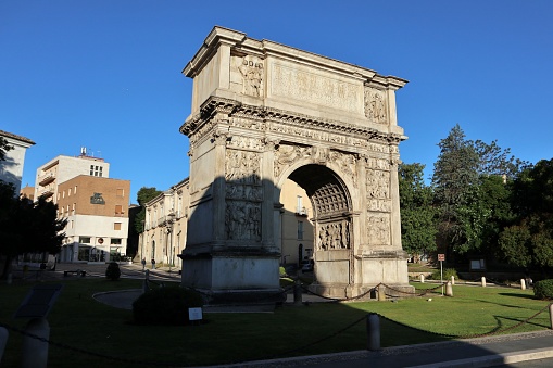 Benevento, Campania, Italy - May 4, 2020: Trajan's Arch early in the morning