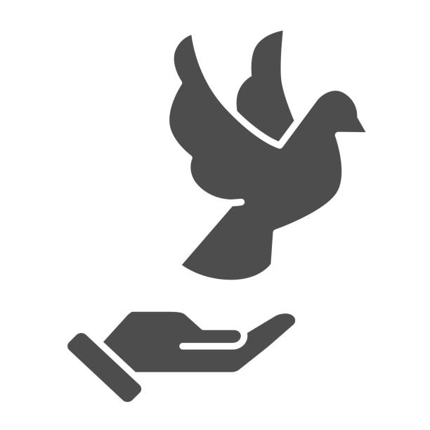 gołąb na rękę solidna ikona, koncepcja światowego dnia pokoju, latający gołąb i znak dłoni ludzkiej na białym tle, ręka osoby i styl glifów symbolu ptaka dla projektowania telefonów komórkowych i stron internetowych. grafika wektorowa. - hand sign peace sign palm human hand stock illustrations
