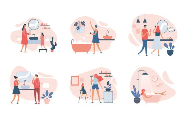 Vector illustration of People doing daily hygiene routine at home