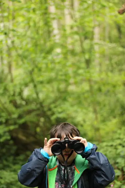 Photo of A young child looking at the camera with binoculars
