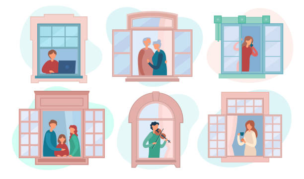 ilustraciones, imágenes clip art, dibujos animados e iconos de stock de personas descansando cerca de ventanas abiertas en casa - violin family