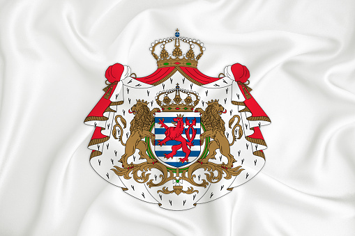 A developing white flag with the coat of arms of Luxembourg. Country symbol. Illustration. Original and simple coat of arms in official colors and the right proportion